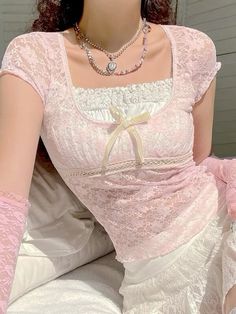 Shop coquette ྀིྀིྀིྀིྀི top on YESSTYLE! Use code: FLOWER808 to save money! 🎀 Sosana - Short-Sleeve Mock Two-Piece Bow Accent Lace Crop Top #coquette #yesstyle #fashion #lewkin #cider #shein #pink #wonyoung #wonyoungism #wonyoungpics #girl #girlhood #girlboss #pretty #lacey #kfashion #kbeauty #koreanfashionoutfits #korean #skincare #summer #closet #barbie #swan #ballet #aesthetic Crop Top Y2k, Aesthetic T Shirts, Short Sleeve Cropped Top, Lace Crop Tops, Print Crop Tops, Summer Tee, Slim Fit Shirt, Kawaii Clothes