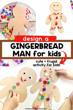 Gingerbread man cutout with white activity tray with googly eyes, pom poms, buttons, and foam stickers and mom and child working on examples. Gingerbread Man Preschool Craft, Gingerbread Crafts For Kindergarten, Gingerbread Crafts For Kids, Gingerbread Man Activity, Gingerbread Man Games, Christmas Kids Activities, Gingerbread Man Preschool, Gingerbread Man Craft, Elementary School Craft