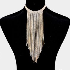 Style No : [414046] Rn72-20277-Cl-Gd-Cz Color : Clear, Gold Theme : Tassel Necklace Size : 12" + 5" L Decor Size : 10" L Cubic Zirconia Fringe Bib Necklace Gold Crystal Jewelry With Rhinestone Fringe, Glamorous Gold Jewelry With Rhinestone Fringe, Glamorous Gold Rhinestone Fringe Jewelry, Gold Crystal Chain Necklace With Bling, Formal Gold Rhinestone Necklace With Adjustable Chain, Party Gold Rhinestone Clavicle Necklace, Glamorous Gold Rhinestone Necklace With Sparkle, Glamorous Gold Rhinestone Crystal Necklace, Gold Metal Jewelry With Rhinestone Fringe