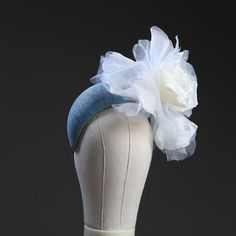 This is beautifully crafted, handmade, and stitched by myself, flower is silk organza and measures 22cm Fixes with a double twisted elastic millinery band which stops the elastic from rolling up under the hair and is hidden under the hair at the back. All my hats are handmade in my own workshop in the UK.  All designs are unique to my brand and are registered to me so you will not find this design elsewhere. This hat can be made in any colour combination just ask if you don't see what you want i Handmade Spring Wedding Fascinator, Elegant White Handmade Mini Hat, Elegant Handmade White Mini Hats, White Handmade Headband For Parties, White Summer Wedding Headband, Handmade Fascinator On Headband, Fitted Summer Headband With Handmade Flowers, White Headband For Garden Party, Fitted Summer Hair Accessories With Handmade Flowers