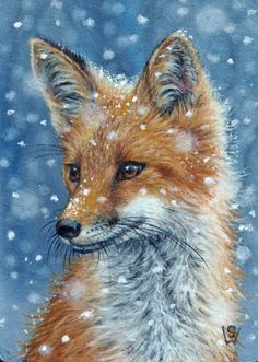 a painting of a fox in the snow