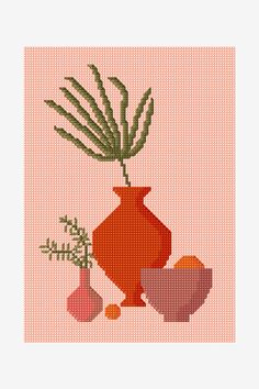 a cross - stitch pattern with a vase and flowers on the side, in pink