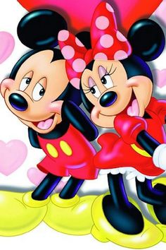 two mickey and minnie mouses hugging each other with hearts on the wall behind them