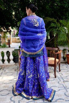 Buy Atelier Shikaarbagh Blue Silk Tissue Zardozi Embroidered Kurta Gharara Set Online | Aza Fashions Punjabi Suit Boutique, Boutique Instagram, Engagement Dress