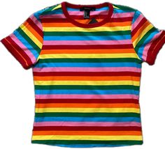 Trendy Rainbow Print Striped Tops, Trendy Striped Rainbow Print Tops, Trendy Striped Tops With Rainbow Print, Fitted Rainbow Crew Neck Top, Rainbow Fitted Crew Neck Top, Trendy Multicolor Tops With Rainbow Print, Fitted Rainbow Short Sleeve Tops, Fitted Rainbow Casual Top, Fitted Casual Rainbow Tops