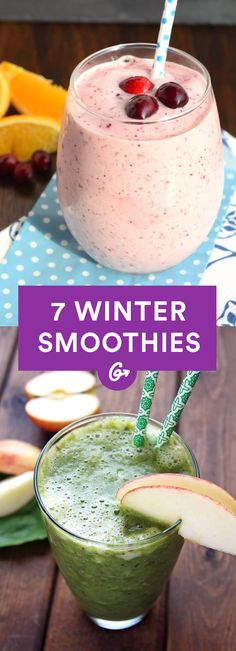 a smoothie in a glass with fruit on the side and text overlay that reads 7 winter smoothies & desserts