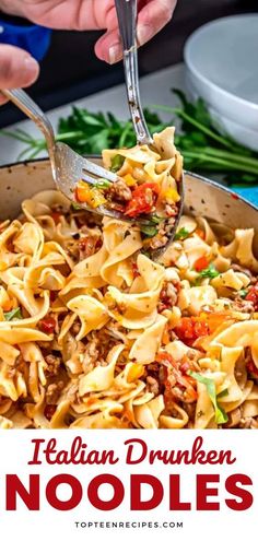 a pan filled with noodles and meats being spooned into the pot for dinner