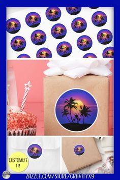 a collage of photos with palm trees and sunsets on them, including a gift bag