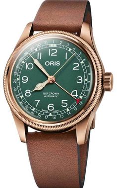 Oris Big Crown Pointer Date 80th Anniversary Edition Mens Watch 01 754 7741 3167-07 5 20 58BRTo mark the 80th anniversary of this landmark watch, Oris has created the Big Crown Pointer Date 80th Anniversary Edition, a special piece with a 40mm case, fluted bezel and oversized crown cast in bronze... Oris Big Crown, Big Crown, Oris Watches, 80th Anniversary, Antique Inspiration, Brown Leather Strap, Swiss Watches, Automatic Watch, Watch Brands