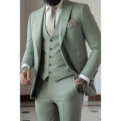 Category:Suits; Season:Spring,Spring, Fall, Winter, Summer; Fabric:Polyester; Front Closure:Single-Breasted Buttons; Style:Formal; Includes:Vest,Pants,Jacket; Occasion:Prom,Wedding; Fit Type:Tailored Fit; Jacket Buttons:Single Breasted One-button; Jacket Vents:Single (Center); Vest Buttons:5; Pattern:Solid Colored; Neckline:Peak; Listing Date:02/02/2024; Production mode:Self-produce; Pant Length:; Pants Waist:; Shoulder Width:; Sleeve Length:; Bust:; Height:null; Weight (kg):null; Hips:null; Clothing Length:; Number of Pieces:3 Piece; Design:Classic Light Green Tuxedo For Men, Wedding Suits Men Sage Green, Nature Wedding Suit, Mint Green Groomsmen Attire, Enchanted Forest Groom Attire, Dusty Sage Groomsmen Attire, Green Wedding Suits Men, Sage Suits Men, Khaki Tux Wedding