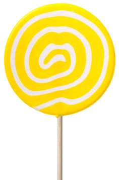 a yellow and white lollipop with swirls on the top, against a white background