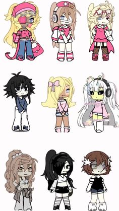 some cartoon characters with different outfits and hair