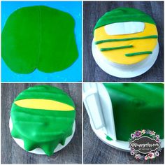 four photos of green and yellow decorated cookies with fondant icing on them, including the top one being made into a frog's head