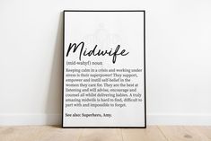 a black and white poster with the words midwife written in cursive writing