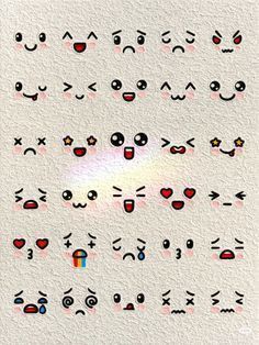 an assortment of emoticions and smiley faces on a white paper textured background