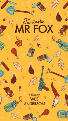 the cover of fantastic mr fox, with an image of various items on yellow background