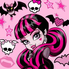 a cartoon girl with pink hair and skulls on her head, in front of a pink background