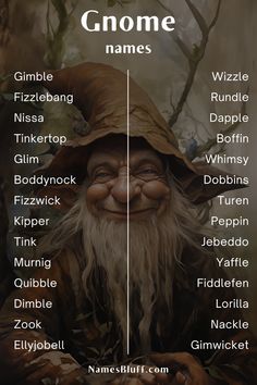 the names of gnomes in english and german are shown on a poster with an image of