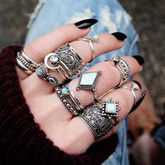 ∘⌲∘ #goals ∘⌲∘ Repost if this is your dream stack! Shop now at www.shopdixi.com / // shop dixi // shopdixi // boho // bohemian // grunge // hippie // ring goals // ring game strong // gypsy // grunge // opal // moonstone // midi rings