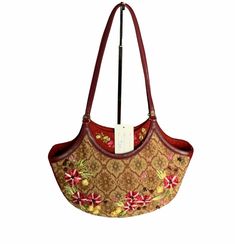 NEW Pat Vini Red Leather Floral Embellished Carpet Shoulder Bag. Dual leather flat straps with a 12”drop Double magnetic snap closure Fabric lining with a zipper pocket on the back wall. Gold tone hardware Front exterior slip pocket Length: 14” Height: 10” Depth: 4” Condition is "New with tags". Red Embellished Rectangular Bag, Red Top Handle Bucket Bag With Gold-tone Hardware, Embellished Tote Shoulder Bag For Everyday Use, Red Double Handle Bucket Bag With Top Carry, Red Satchel Bucket Bag With Top Carry Handle, Embellished Top Handle Shoulder Bag For Shopping, Red Handheld Hobo Bag For Shopping, Red Embroidered Leather Shoulder Bag, Embroidered Red Tote Bag