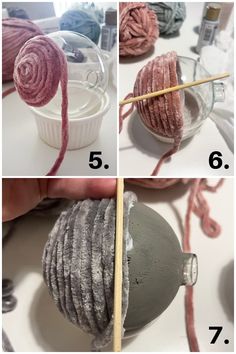 four pictures showing how to make yarn balls with knitting needles and yarn ball in the middle