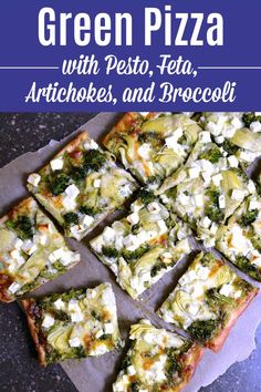 green pizza with pesto, feta, artichokes and broccoli