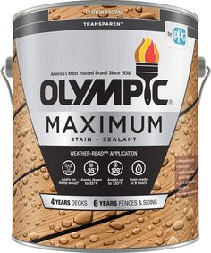 olympic maximum stain and sealant is shown in a white bucket with the words olympic on it