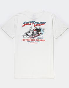 Salty Crew Offshore Fishing Tee. Text Screened On Left Chest. Large Graphic On Back. Crew Neck. Short Sleeve. 100% Cotton. Machine Wash. Imported. Summer Cotton Tops For Boating, Summer Short Sleeve Tops For Boating, Graphic Print Short Sleeve Tops For Boating, Casual Crew Neck Top For Fishing, Short Sleeve Tops For Summer Fishing, Summer Fishing Tops With Crew Neck, White Graphic Print Tops For Fishing, Graphic Print Shirt For Fishing In Summer, Graphic Tee With Fish Print And Crew Neck