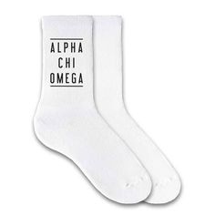 Alpha Chi Omega sorority name custom printed on white cotton crew socks White Heather, Fits Women, Sorority, Crew Socks, Socks, Wardrobe, Design