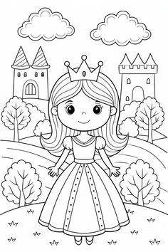 a girl in a princess dress with a castle in the background coloring pages for kids