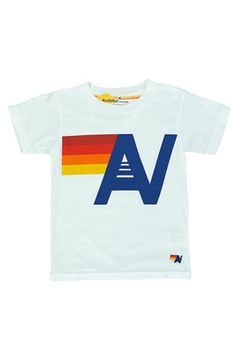 a white t - shirt with the letter a in rainbows and blue on it