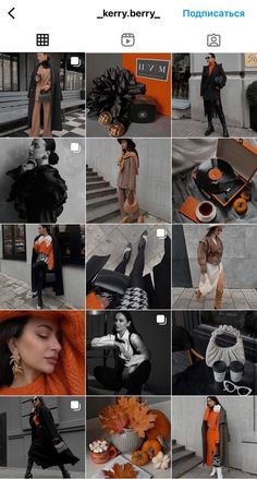 many different pictures of women in black and orange outfits, with one woman wearing an orange top