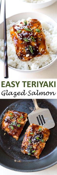 an easy teriyaki glazed salmon on a plate with rice