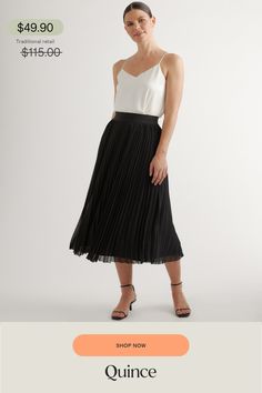 Flattering, flowy, and fully lined. Our high-rise midi skirt is lightweight and has an elastic waistband for a comfortable fit that you can wear all day. Made of low-maintenance, wrinkle-resistant fabric.  | Quince | Women's Chiffon Pleated Midi Skirt in Black, Size Small, 100% Polyester Lightweight Skirt, Skirt Fits, Chiffon Skirt, Sheer Chiffon, Pleated Midi Skirt, Women Skirts Midi, Quince, Low Maintenance, Dress Skirt