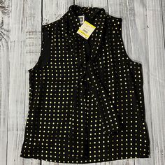 New Anne Klein Black/ Gold Dots Sleeveless Blouse. Size Medium Sequin Cardigan, Gold Blouse, Plaid Tunic, Tie Neck Tops, Pleated Blouse, Denim Blouse, Gold Dots, Klein Blue, Polka Dot Blouse