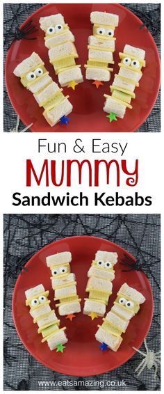 some sandwiches are on a red plate with the words fun and easy mummy sandwich kebabs