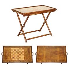 three pieces of furniture including a table and two trays with chess boards on them