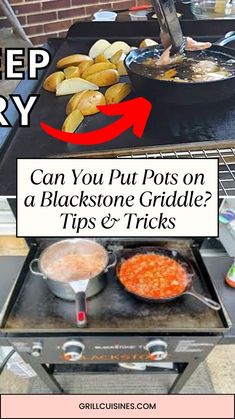 an outdoor grill with food cooking on it and the words, can you put pots on a blackstone griddle? tips & tricks