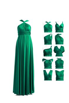 a green dress is shown with different angles