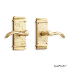 two brass door handles on white background