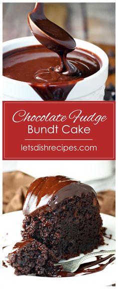 chocolate fudge bundt cake on a white plate