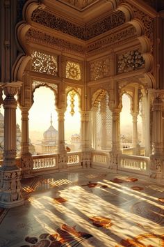 the interior of an ornately decorated building with sun shining in through the windows and floor