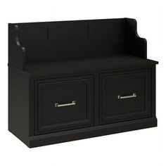 a black bench with two drawers on top and one drawer open to show the bottom