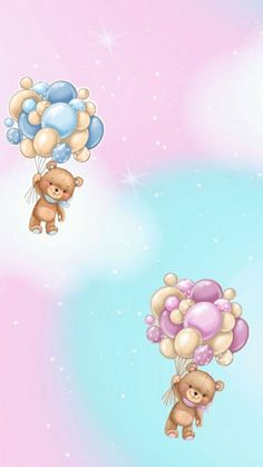 two teddy bears flying in the sky with balloons