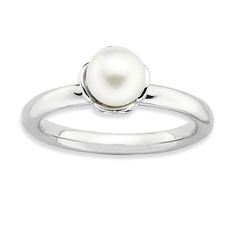 A beautiful 6.0-6.5mm freshwater cultured white pearl is prominently set on this polished 2.5mm sterling silver band finished with rhodium plating. Guaranteed to fit together perfectly with all of the mix and match Stackable Expressions rings. Due to the nature of pearls, colors may not match what is shown. Gemstone treatment: bleached. Sterling Silver Stackable Rings, White Pearl Ring, Cultured Pearl Ring, Stackable Rings Silver, Freshwater Pearl Ring, Gift Sets For Women, Bow Jewelry, Enamel Ring, Size 10 Rings