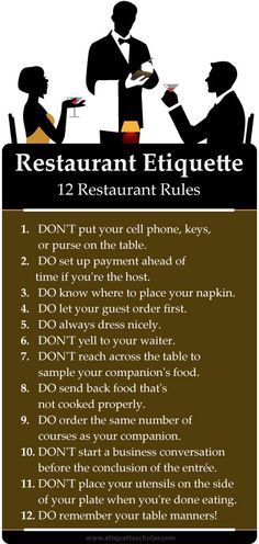 the restaurant etiquette rules are shown in black and white, with an image of people