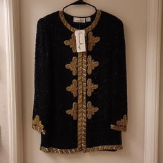 Nwt, Absolutely Stunning Size Small, Vintage 1980's. Black And Gold Hand Beaded/Sequin Detail With Front Hook-And-Bar Closures. Gold Beading And Sequin Trim. Fully Lined With Shoulder Pads. 100% Silk Shell, 100% Polyester Lining. Length 30.5", Pit To Pit Approx 19.5" Flat (Loose Fit - Runs Large). Jacket Is A Very Nice Weight And Is In Mint Condition. No Lowball Offers Please Based In New York, Laurence Kazar Was A Luxury Fashion Brand Renowned For Its Exquisite Eveningwear. Crafted With The Fin Embroidered Fitted Outerwear For Evening, Embellished Fitted Evening Outerwear, Embellished Holiday Outerwear For Evening Events, Holiday Evening Embellished Outerwear, Holiday Embellished Long Sleeve Outerwear, Fitted Embroidered Evening Outerwear, Embroidered Fitted Evening Outerwear, Black Holiday Evening Outerwear, Beaded Winter Outerwear For Formal Occasions