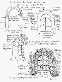 an architectural drawing shows how to draw the gothic garden gate, with instructions for each section