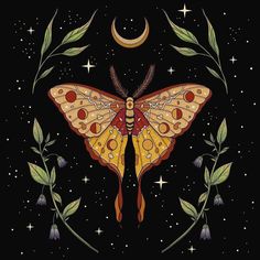 a painting of a butterfly on a black background with stars and moon in the sky