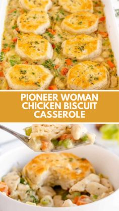 chicken biscuit casserole in a white baking dish with a serving spoon and title text overlay